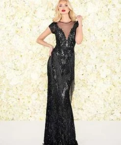 Mac Duggal Black White Red - 4898R Embellished Illusion Jewel Dress Formal Gowns