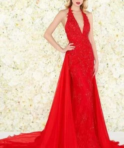 Formal Gowns Mac Duggal Black White Red - 66573R Sequined Lace Dress With Overskirt