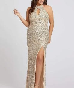 Mac Duggal Fabulouss - 4835F Sequined Halter Sheath Dress With Slit