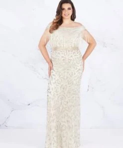 Mac Duggal Fabulouss - 4852F Sequined Off-Shoulder Dress With Fringes