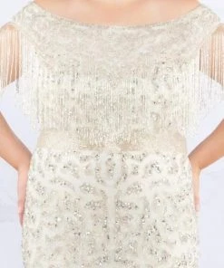 Mac Duggal Fabulouss - 4852F Sequined Off-Shoulder Dress With Fringes