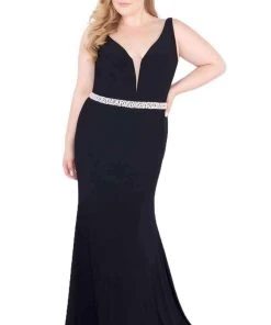Mac Duggal Fabulouss - 66808F Plunging Jeweled Jersey Trumpet Gown