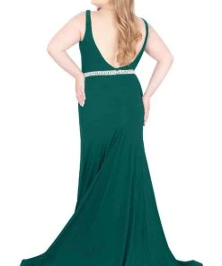 Mac Duggal Fabulouss - 66808F Plunging Jeweled Jersey Trumpet Gown