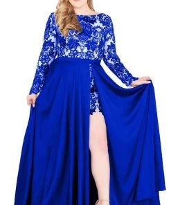 Mac Duggal Fabulouss - 66809F Sequined Lace Romper Overskirt Gown Formal Gowns
