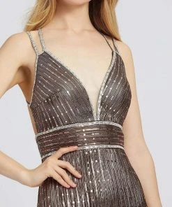 Mac Duggal Flash - 48999L Beaded Plunging V-Neck Sheath Gown