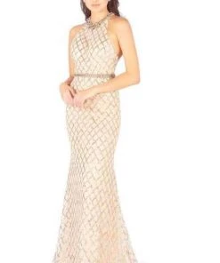 Formal Gowns Mac Duggal Flash - 66835L Bedazzled Halter Trumpet Dress With Train