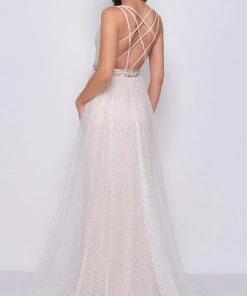 Mac Duggal Flash - 66910L Beaded Deep V-neck A-line Dress With Train