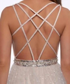 Mac Duggal Flash - 66910L Beaded Deep V-neck A-line Dress With Train