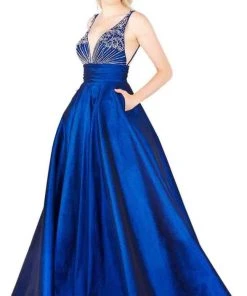 Mac Duggal Flash - 66926L Bead Embellished Plunging V Neck Ballgown