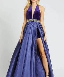Formal Gowns Mac Duggal Prom - 12307M Bejeweled Halter V-neck Romper With Overskirt