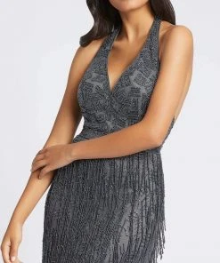 Mac Duggal Prom - 4803M Plunging Halter Bead-Fringed High Slit Gown