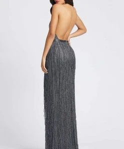 Mac Duggal Prom - 4803M Plunging Halter Bead-Fringed High Slit Gown