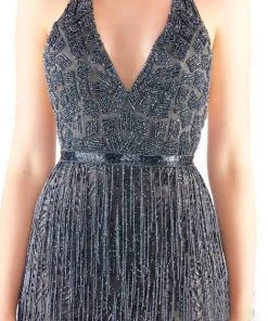 Mac Duggal Prom - 4803M Plunging Halter Bead-Fringed High Slit Gown