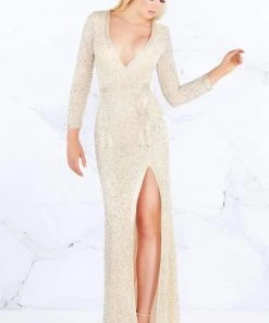 Formal Gowns Mac Duggal Prom - 4900M Beaded Plunging Neck High Slit Evening Gown