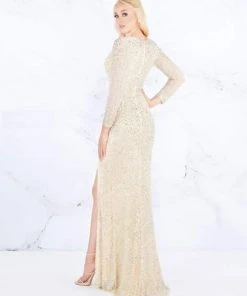 Formal Gowns Mac Duggal Prom - 4900M Beaded Plunging Neck High Slit Evening Gown