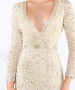 Formal Gowns Mac Duggal Prom - 4900M Beaded Plunging Neck High Slit Evening Gown