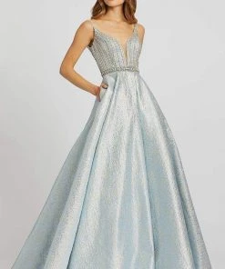 Formal Gowns Mac Duggal Prom - 66701M Plunging Jewel-Strewn Metallic Ballgown