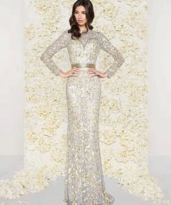 Mac Duggal - Sequined Mesh Lace Gown 4316D - 1 Pc Platinum/Gold In Size 10 Available