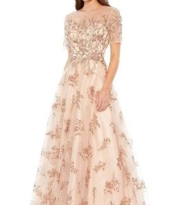 Mac Duggal - Short Sleeve A-Line Evening Dress 79317D - 1 Pc Champagne In Size 14 Available