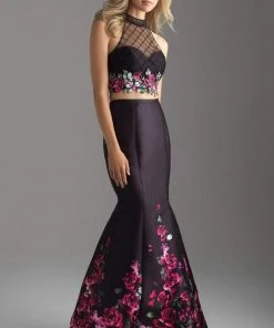 Madison James - 18-602 Illusion High Neck Floral Lattice Mermaid Gown