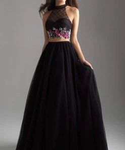 Madison James - 18-603 Illusion High Neck Floral Lattice Ballgown