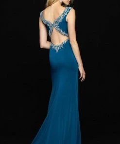 Formal Gowns Madison James - 18-618 Cap Sleeve Jewel Accented Plunging V-Neck Gown