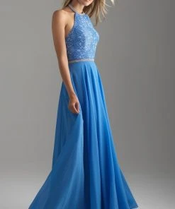 Madison James - 18-621 Beaded Halter Neck Lace And Chiffon Gown Formal Gowns