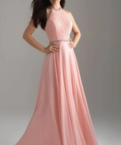 Madison James - 18-621 Beaded Halter Neck Lace And Chiffon Gown Formal Gowns