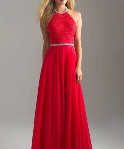 Madison James - 18-621 Beaded Halter Neck Lace And Chiffon Gown Formal Gowns