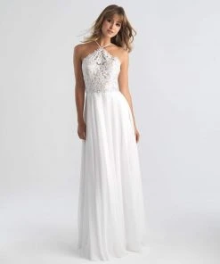 Madison James - 18-653 Floral Appliqued Halter Evening Dress