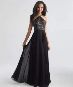 Madison James - 18-653 Floral Appliqued Halter Evening Dress