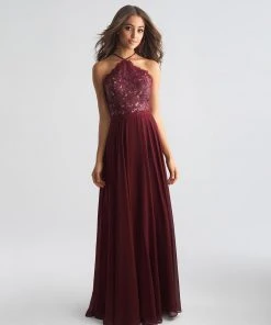 Madison James - 18-653 Floral Appliqued Halter Evening Dress