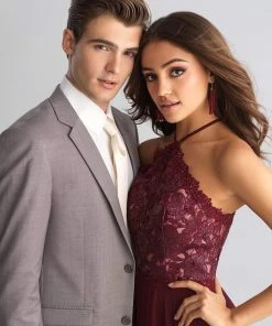 Madison James - 18-653 Floral Appliqued Halter Evening Dress