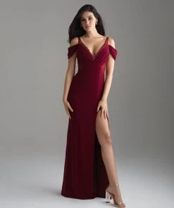 Madison James - 18-656 Beaded Cold Shoulder Slit Dress