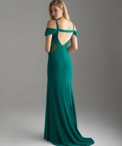 Madison James - 18-656 Beaded Cold Shoulder Slit Dress