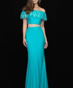 Madison James - 18-667 Pretty Two Piece Off Shoulder Sheath Dress Formal Gowns