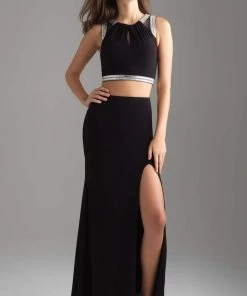 Madison James - 18-675 Silver Framed Croptop Sheath Jersey Gown