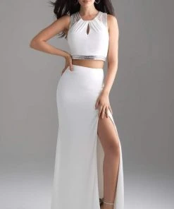 Madison James - 18-675 Silver Framed Croptop Sheath Jersey Gown