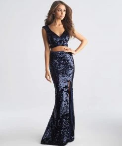 Formal Gowns Madison James - 18-678 Two Piece Velvet And Sequined Sheath Dress