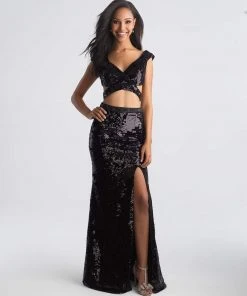 Formal Gowns Madison James - 18-678 Two Piece Velvet And Sequined Sheath Dress
