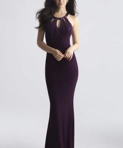 Madison James - 18-698 Beaded Cutout Sheath Sleeveless Jersey Dress - 1 Pc. Purple In Size 12 Available