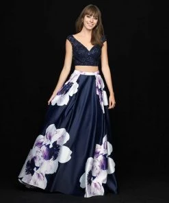 Madison James - 18-700 Two Piece Lace V-neck Floral Print Ballgown