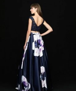 Madison James - 18-700 Two Piece Lace V-neck Floral Print Ballgown