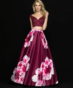 Madison James - 18-700 Two Piece Lace V-neck Floral Print Ballgown