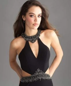 Madison James - 18-701 Beaded High Halter Sheath Dress Formal Gowns