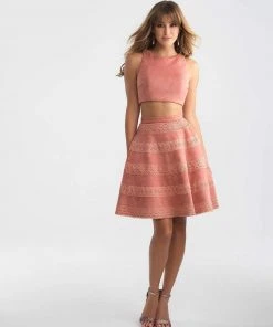 Madison James - 18-714 Two Piece Suede Jewel Neck Lace A-line Dress