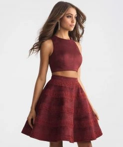 Madison James - 18-714 Two Piece Suede Jewel Neck Lace A-line Dress