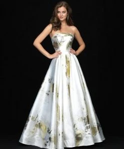 Formal Gowns Madison James - 18-721 Metallic Print Straight Neck Ballgown