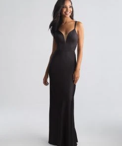 Madison James - 18-723 Deep V-neck Stretch Satin Sheath Dress