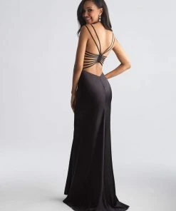 Madison James - 18-723 Deep V-neck Stretch Satin Sheath Dress